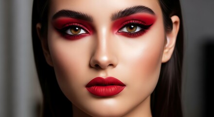 Fototapeta premium Dramatic red makeup on a woman's face with striking eyes and full lips