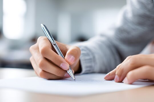 A student is focused on their exam while tapping a pen nervously on the table