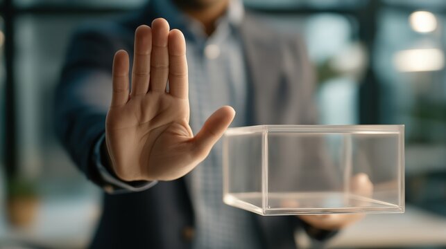 A man makes a firm stop gesture while holding an empty transparent box.