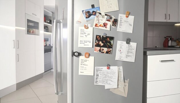 "Open refrigerator in kitchen with shelves of food, bottles, jars, magnets, notes, and photos, everyday household organization and storage scene."