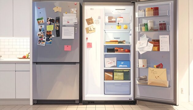 "Open refrigerator in kitchen with shelves of food, bottles, jars, magnets, notes, and photos, everyday household organization and storage scene."