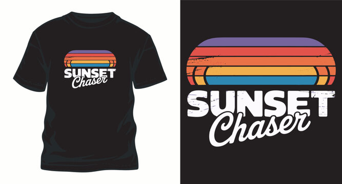 Sunset chaser t shirt design with retro colorful stripes.