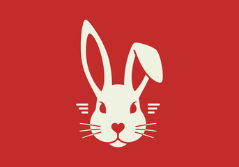 Obraz premium Minimalist white rabbit head on red background with heart nose