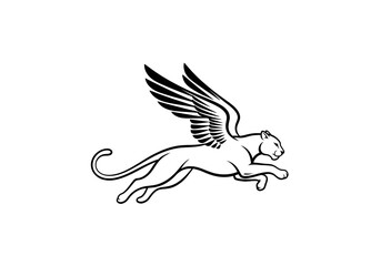 Obraz premium Minimalist winged cougar logo icon jumping on white background