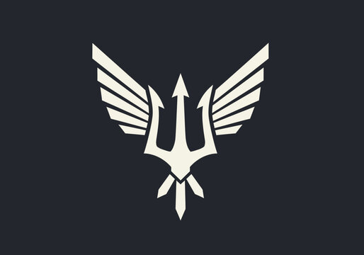 Minimalist winged trident crest logo on black background