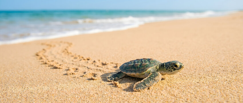 A baby sea turtle crawling on the sandy beach leaving tracks behind