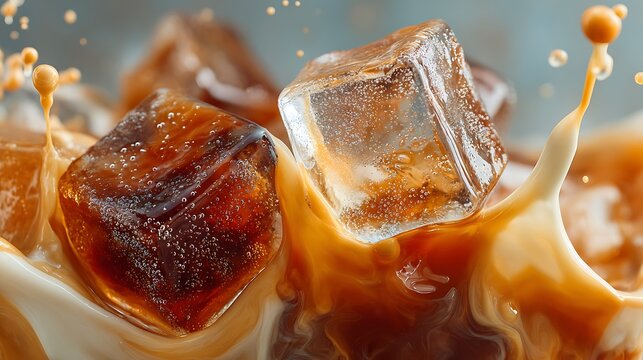 Macro close up of iced coffee with melting ice cubes and creamy splash, refreshing summer beverage concept