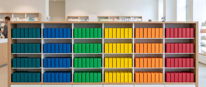 Colorful file boxes neatly arranged on wooden shelves in a modern office interior