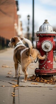 Dog marking a red fire hydrant on a sidewalk with autumn leaves