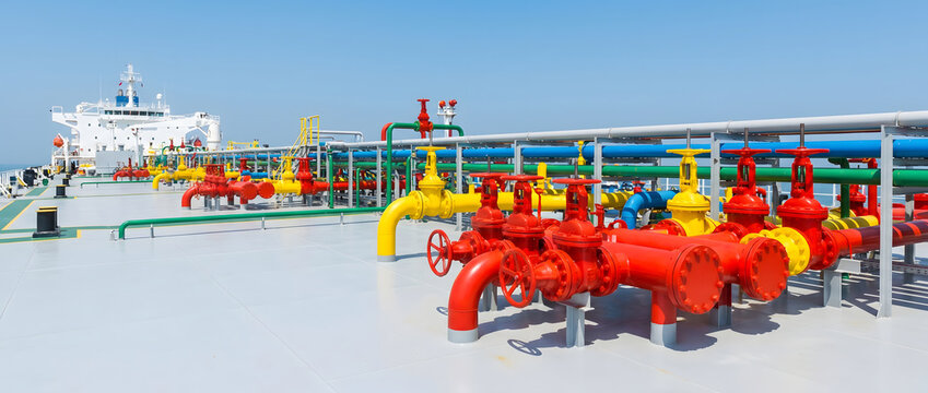 Red and yellow pipelines with valves and equipment on ship deck in industrial maritime setting