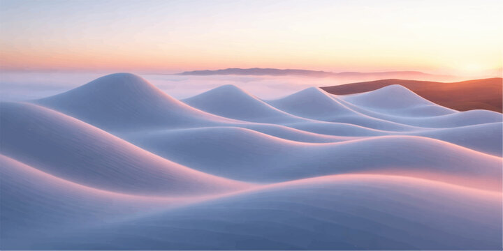 A golden sunrise glows over the orange sand dunes of the Sahara desert as clouds drift above distant snow-capped mountains in this dry winter travel landscape