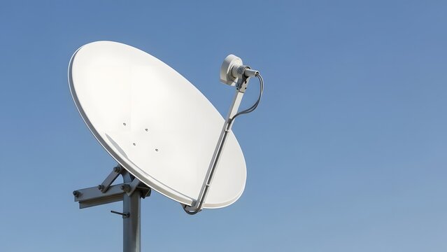 Satellite dish pointed towards clear blue sky used for television and internet signals