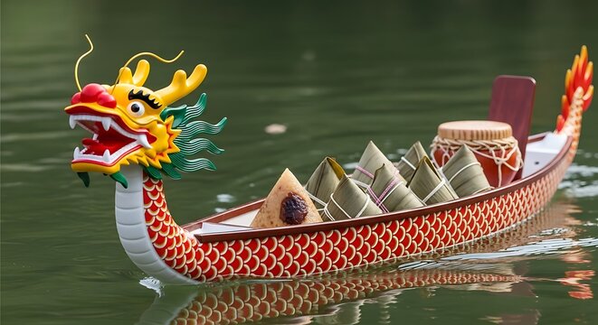 Colorful traditional chinese dragon boat with zongzi rice dumplings and a drum on water for the dragon boat festival