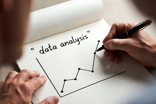Subject: Data analysis. Action: Two hands are sketching a graph on a notepad with a pen. Setting: A desk surface.