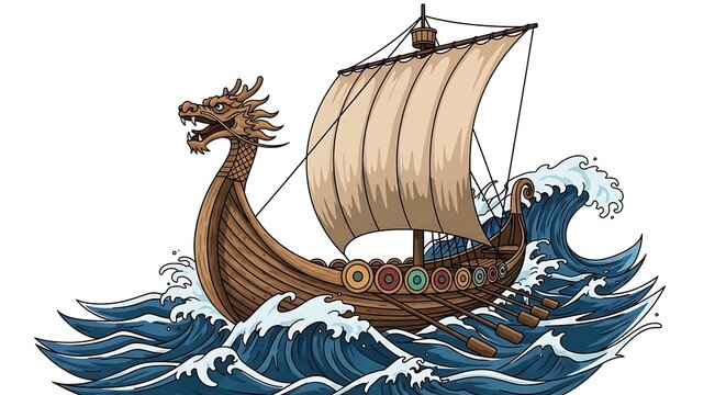 Viking ship with a dragon head figurehead sailing on rough blue ocean waves