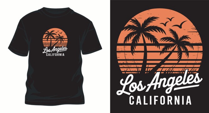California t shirt design with retro palm trees and sunset.