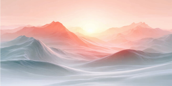 An abstract colorful background featuring a misty mountain landscape at sunset where soft clouds and fog drift over hills in a vibrant nature scene