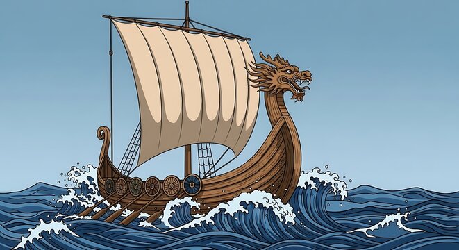 Ancient viking longship with a dragon head prow sailing on rough blue ocean waves