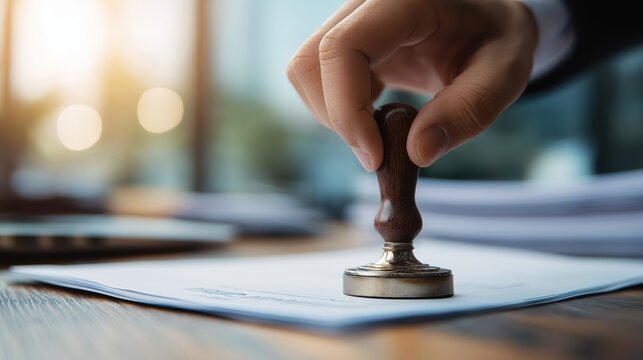 A hand holds a traditional brass stamp over a document on a wooden desk.