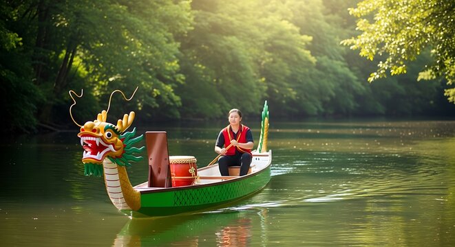 Asian man rowing a traditional colorful dragon boat on a calm river in a lush green forest at summer