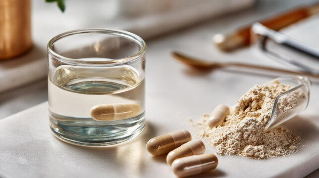 Overhead flat lay of a small pharmaceutical lab desk with a beaker of clear liquid an empty capsule dry powder and a tiny scoop on a bright clean white surface lab desk