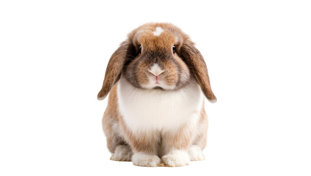 Fluffy brown and white Dwarf Rabbit portrait with floppy ears