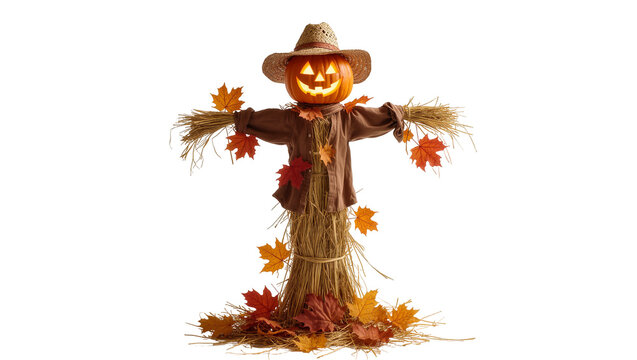 Rustic Halloween Scarecrow with Jack-o -Lantern Head and Autumn Leaves