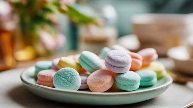 Macro close up of soft round vitamin gummies in pastel shades arranged on a bright clean ceramic plate vitamin gummies pastel colors soft chewable daily wellness supplement