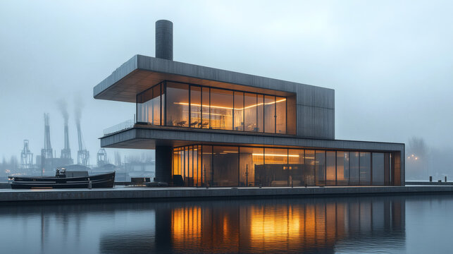 Modern architectural structure with visible industrial anchors reflecting in calm water under overcast sky emphasizing contemporary design and urban-industrial fusion