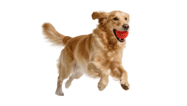 Energetic Golden Retriever Carrying Red Rubber Ball in Mouth