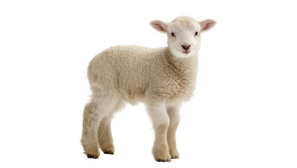 Fluffy young lamb standing with woolly fleece and curious expression © Isolde