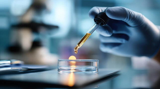 Cinematic close up of a small dropper releasing a single drop of liquid medicine onto a tablet held by a gloved hand on a bright clean lab surface dropper detail single drop