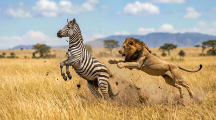 Naklejka premium Zebra running away from a lion in a grassy savanna landscape, with a blurred background of trees and mountains under a bright blue sky
