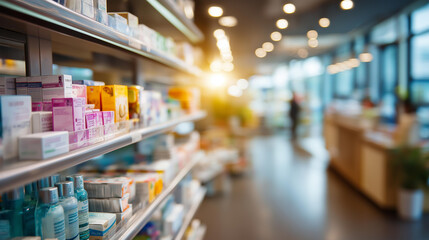 Fototapeta premium Cinematic wide view of a bright softly defocused pharmacy aisle with shelves of unbranded products and a counter at the back pharmacy aisle drug store interior retail pharmacy