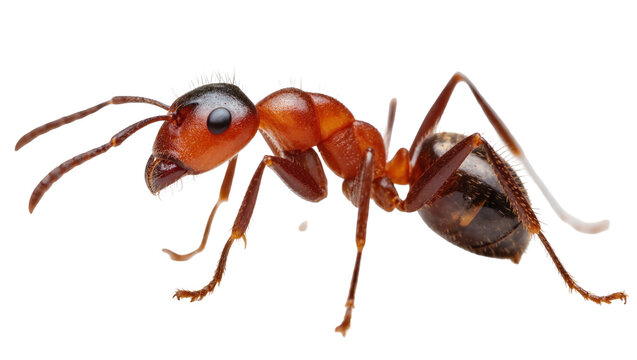 Reddish brown ant with black head and legs close up