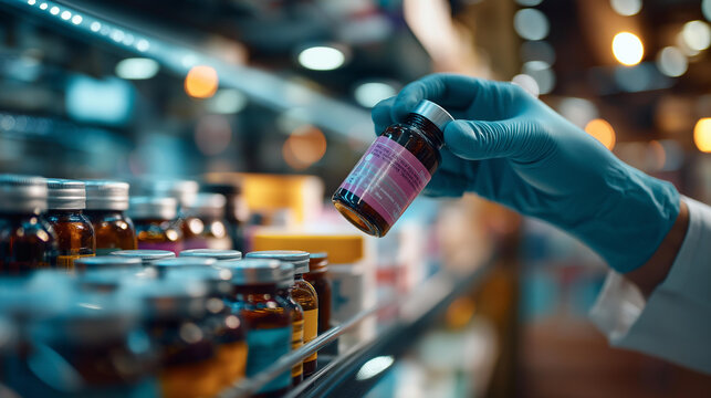 Cinematic close up of a gloved hand placing a small generic bottle onto a softly defocused bright pharmacy shelf full of similar bottles pharmacy shelf restocking gloved hand