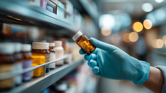 Cinematic close up of a gloved hand placing a small generic bottle onto a softly defocused bright pharmacy shelf full of similar bottles pharmacy shelf restocking gloved hand