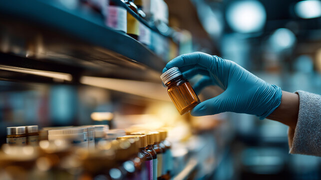 Cinematic close up of a gloved hand placing a small generic bottle onto a softly defocused bright pharmacy shelf full of similar bottles pharmacy shelf restocking gloved hand