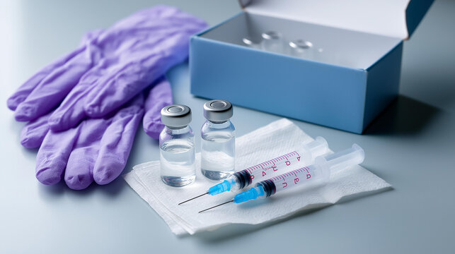 Overhead flat lay of a small box of generic syringes two empty vials gauze and a pair of gloves on a clean bright sterile surface sterile injection kit syringes generic