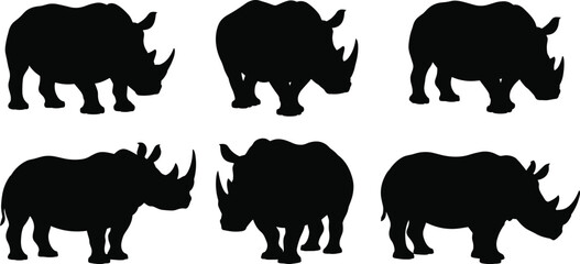 Rhinoceros silhouettes collection, walking rhinos, standing rhinos, wildlife illustration design © meftahul creatives