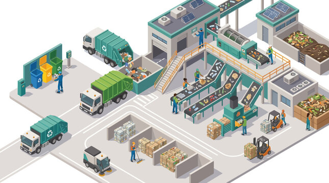 Isometric illustration of a waste management system with recycling plant, garbage trucks, and sanitation workers sorting trash and recyclables in an urban sanitation setting.