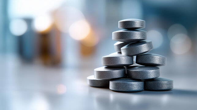 Macro close up of generic round tablets stacked into a small tower on a clean bright reflective surface tablet tower balanced stack pharmaceutical macro design aesthetic