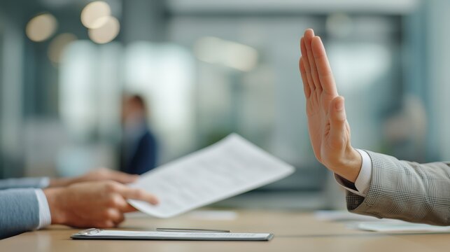 A hand makes a clear stop gesture, refusing to accept an offered document.