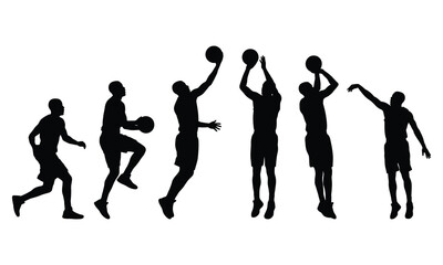 Obraz premium Basketball player silhouettes in various action poses, including running, jumping, and shooting.