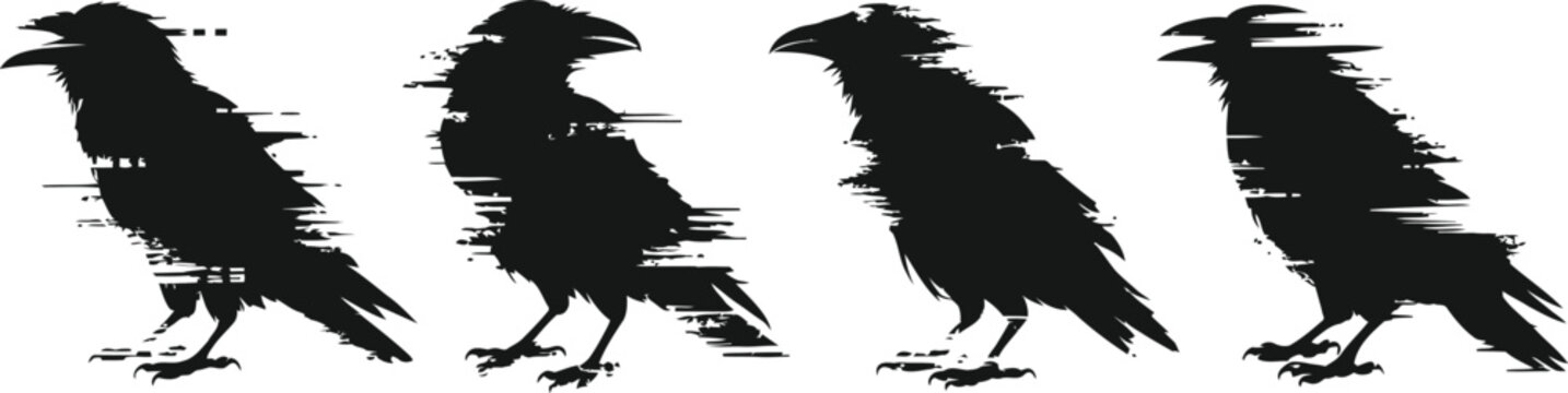 Black raven silhouette set with glitch effect isolated on transparent background vectors.
