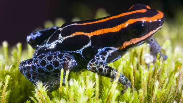 Reticulated Poison Frog (Ranitomeya ventrimaculata), Ecuador. Close-up. In the rainforest, Orellana province, Ecuador.
