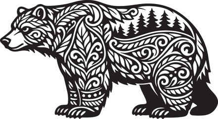 Fototapeta premium Ornamental Bear Folk Art Vector Illustration for Wildlife Logo, Tattoo Design and Rustic Nature Branding