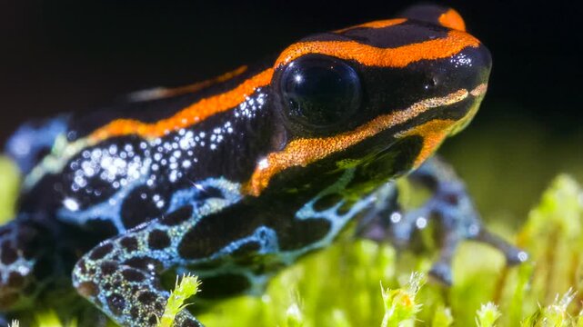 Reticulated Poison Frog (Ranitomeya ventrimaculata), Ecuador. Close-up. In the rainforest, Orellana province, Ecuador.