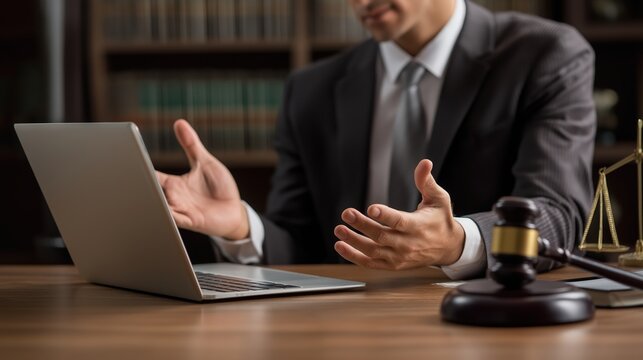 A male lawyer is gesturing with open hands while discussing a case in front of a laptop.