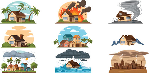 Fototapeta na wymiar Natural Disasters Cartoon Illustration Set Featuring Hurricane Forest Fire Tornado Earthquake Flooding and Tsunami Damage to Residential Homes